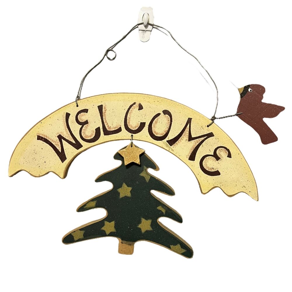 Vintage Christmas Wood Wall Hanging Welcome Pine Tree Rustic Holiday Decor Sign